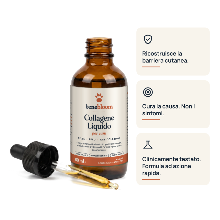 Benebloom Collagene Liquido per cani – flacone aperto con contagocce
