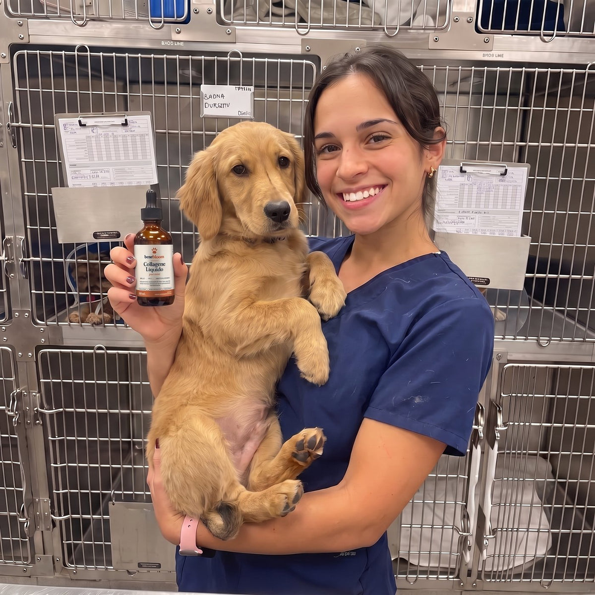 Veterinaria con un cucciolo di golden retriever e il flacone di Benebloom
