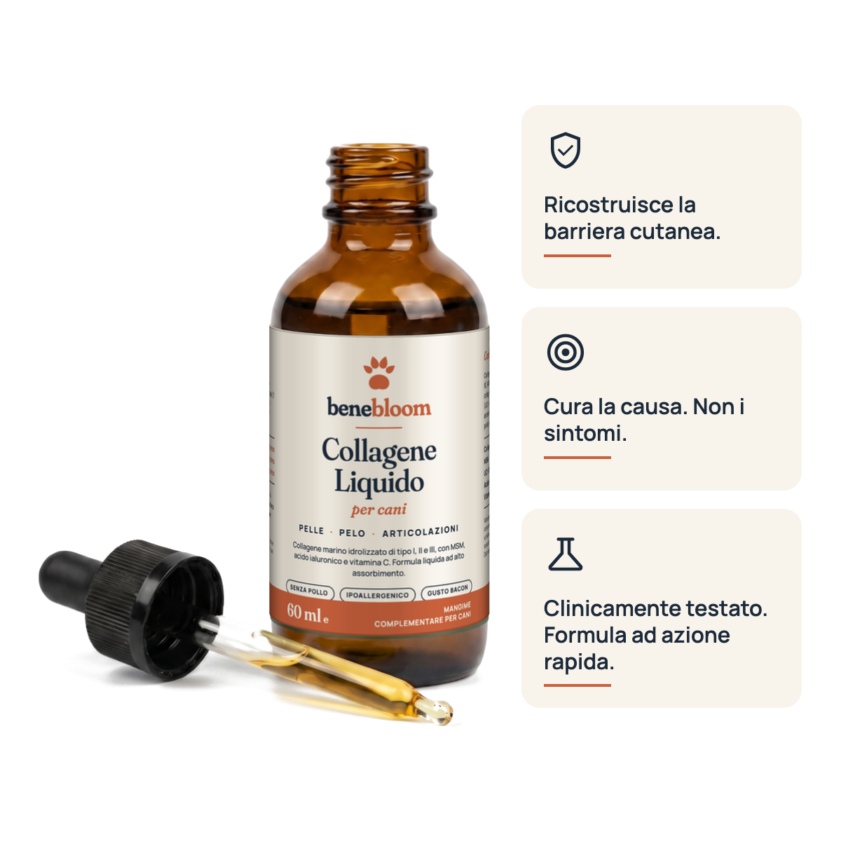 Benebloom Collagene Liquido per cani – flacone aperto con contagocce