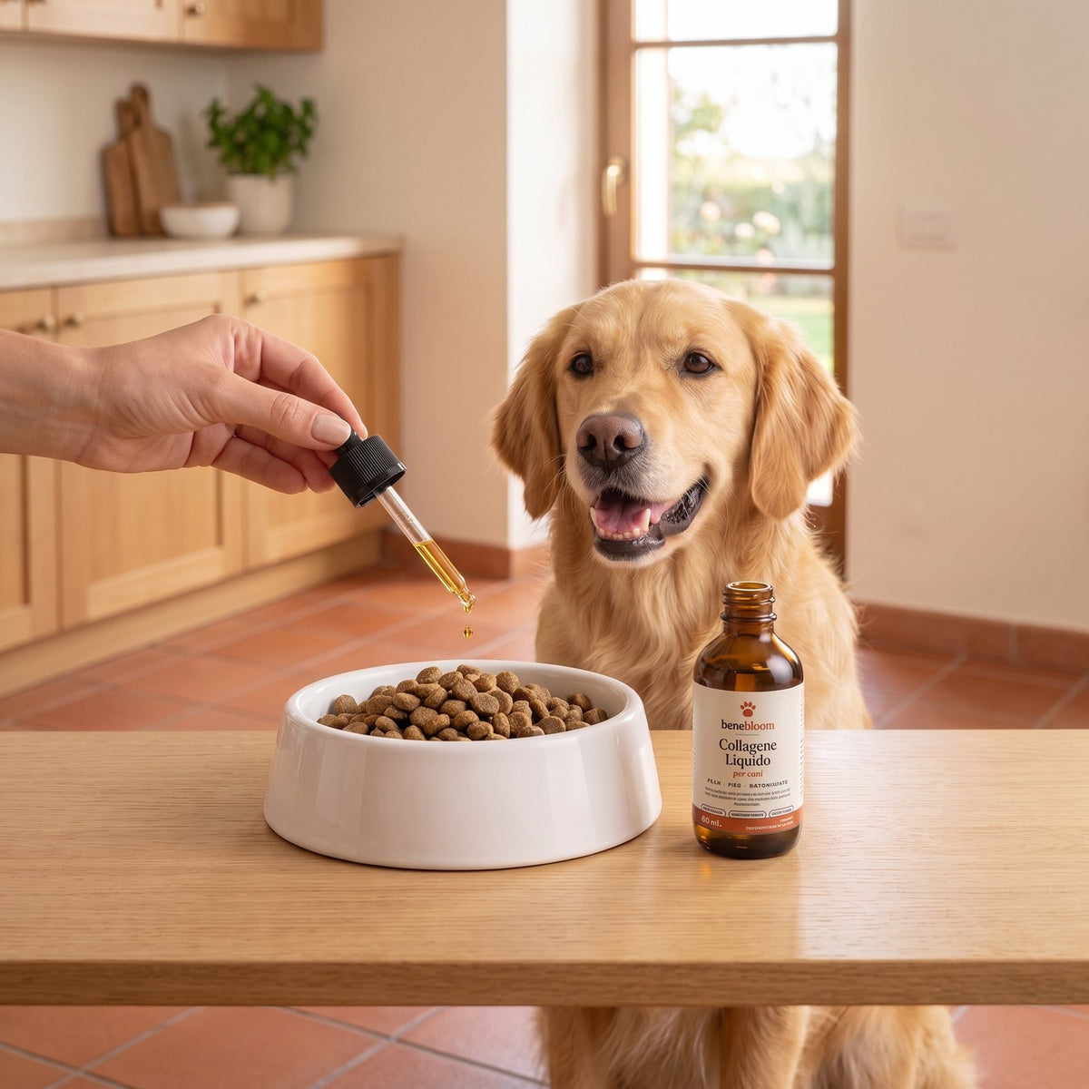 Una volta al giorno sul cibo: un contagocce di Benebloom Collagene Liquido sulle crocchette, con un golden retriever felice che aspetta