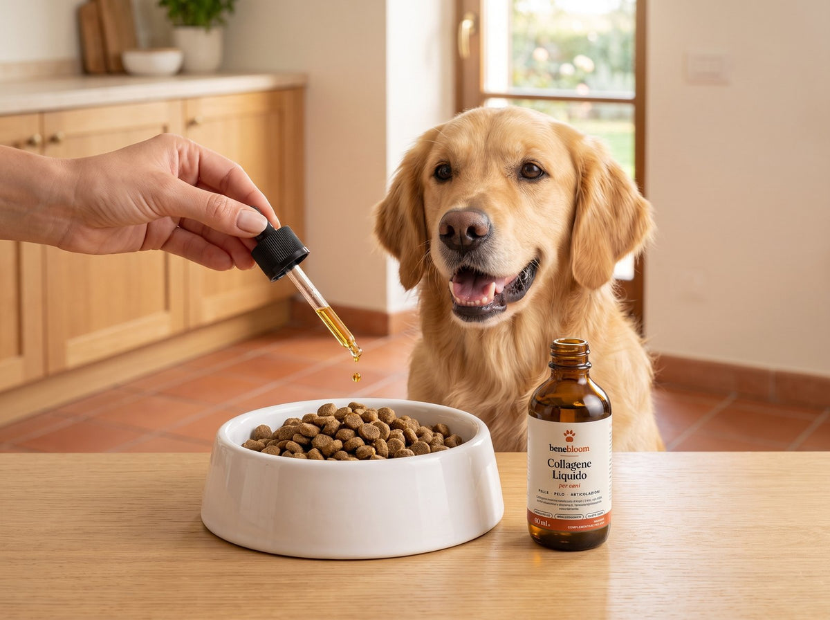 Un golden retriever felice guarda la ciotola mentre una mano versa un contagocce di Benebloom sulle crocchette